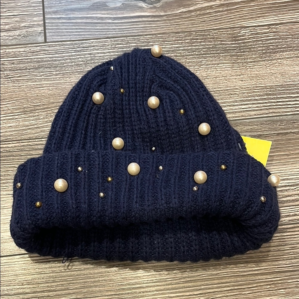 Navy Beanie with Pearl Accents